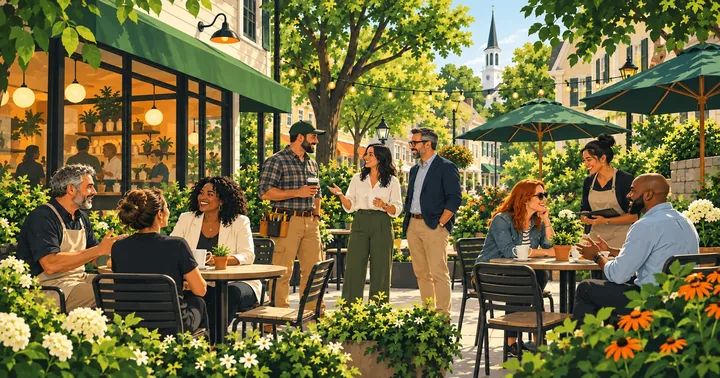 Illustration of local business owners talking at a small neighborhood networking gathering