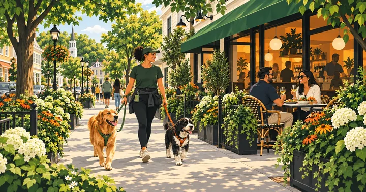 Illustration of a dog walker passing a neighborhood restaurant with outdoor dining